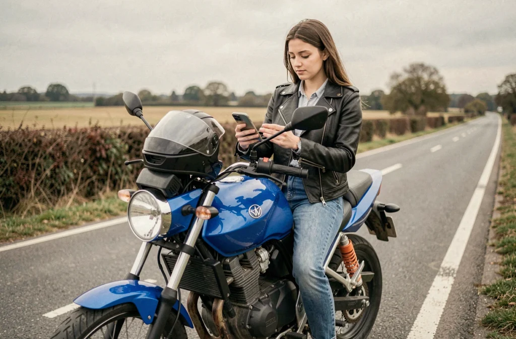 Jeune femme assise sur une moto 600 consultant son téléphone pour comparer des assurances moto