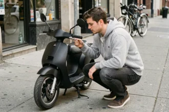 Jeune homme examinant son scooter 50cc dans une rue urbaine avant de souscrire une assurance