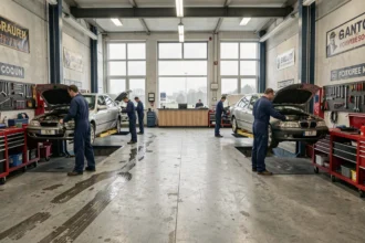 Vue panoramique d'un garage automobile breton avec mécaniciens au travail sur des véhicules soulevés par des ponts élévateurs
