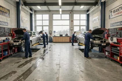 Vue panoramique d'un garage automobile breton avec mécaniciens au travail sur des véhicules soulevés par des ponts élévateurs
