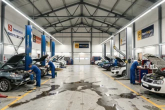 Vue intérieure d'un grand garage automobile multimarque dans le Nord avec des mécaniciens au travail