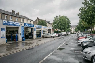 Vue d'ensemble d'une rue commerciale avec des garages automobiles dans le Val-d'Oise