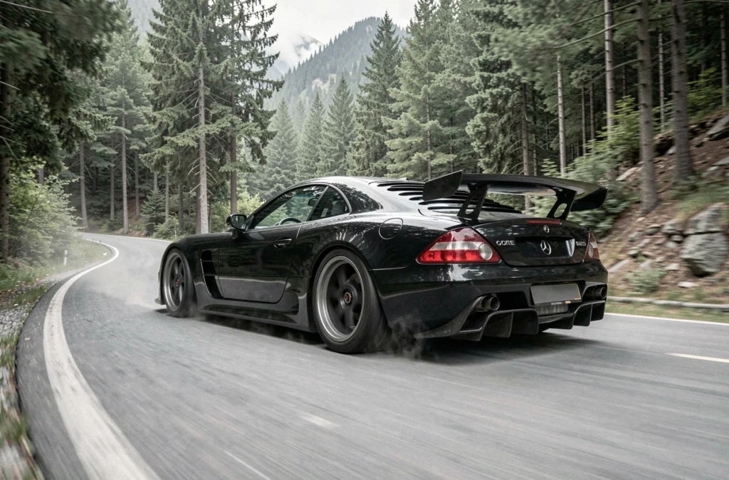 Mercedes-Benz CLK GTR noire en action sur une route de montagne sinueuse bordée de forêt, angle poursuite trois quarts arrière, sensation de vitesse et de puissance brute