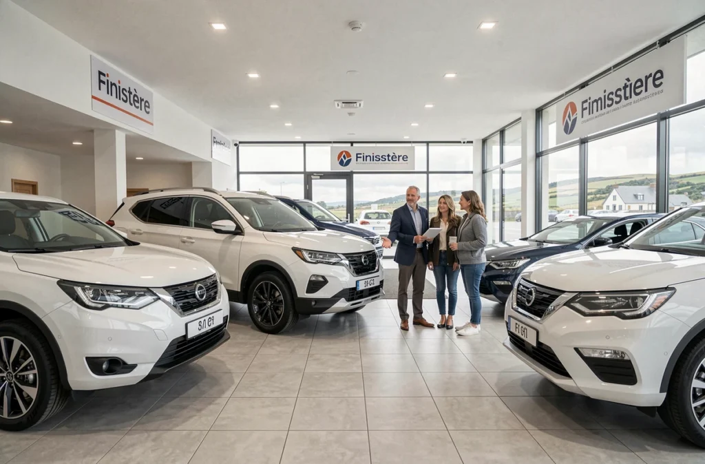 Vendeur de Mocaer Finistère présentant un SUV d'occasion à un couple dans un showroom automobile moderne du Finistère