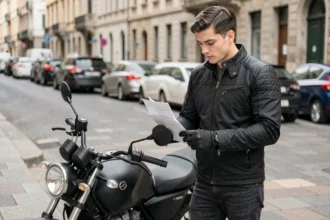 Jeune motard debout à côté de sa moto 250cc en ville, consultant un document d'assurance moto