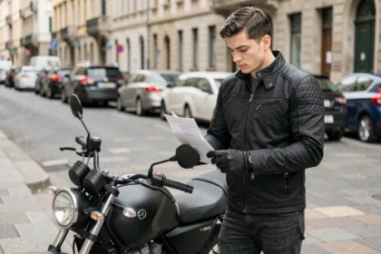 Jeune motard debout à côté de sa moto 250cc en ville, consultant un document d'assurance moto