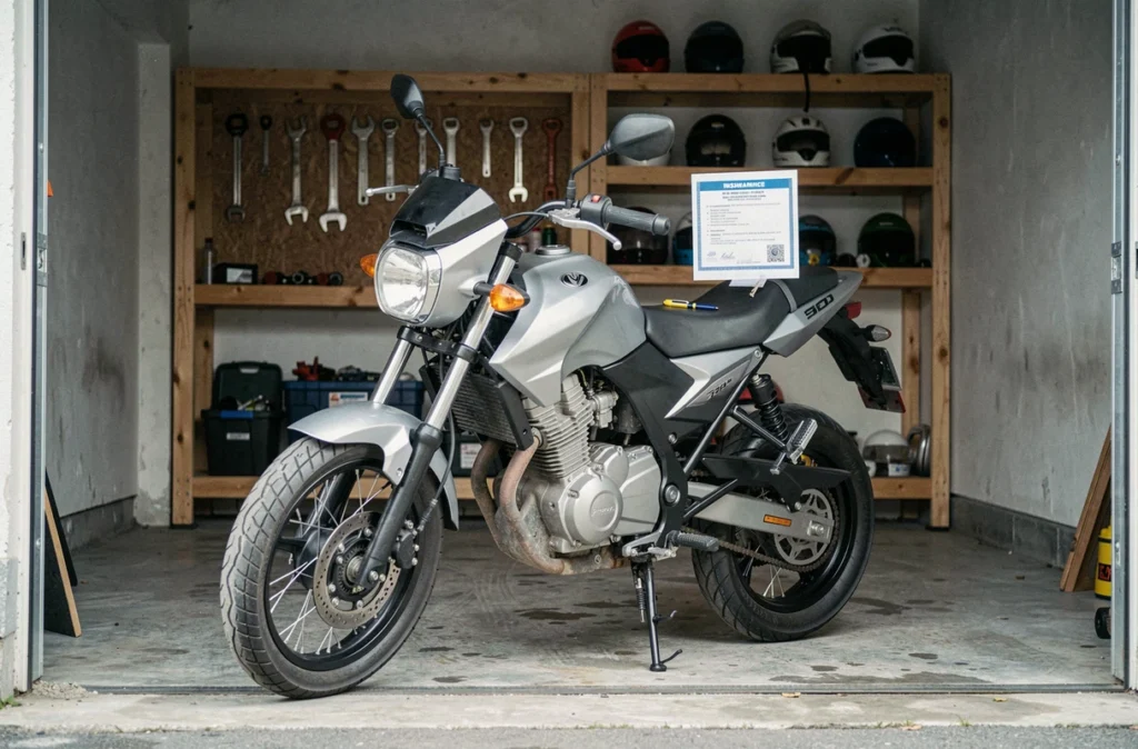 Moto 250cc garée dans un garage avec une attestation d'assurance posée sur la selle