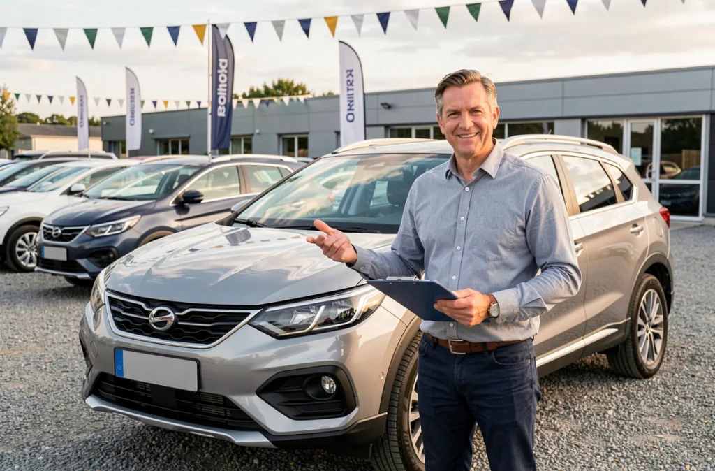 Commercial présentant un véhicule d'occasion sur le parc de MX Automobiles dans le Nord