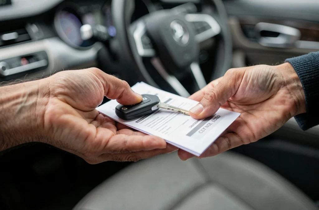 Gros plan d'une remise de clé de voiture et de documents d'assurance lors d'un transfert de contrat
