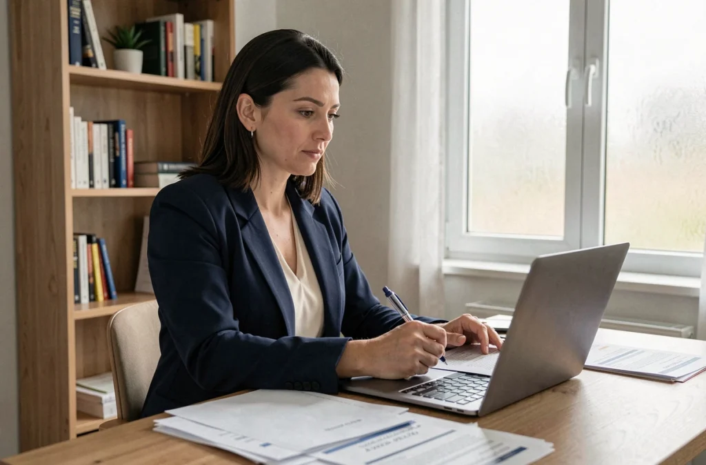 Femme remplissant un formulaire de résiliation d'assurance scooter depuis son bureau à domicile