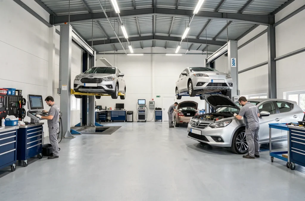 Atelier multi-baies de SAS Integral Auto avec techniciens au travail dans le Val-d'Oise