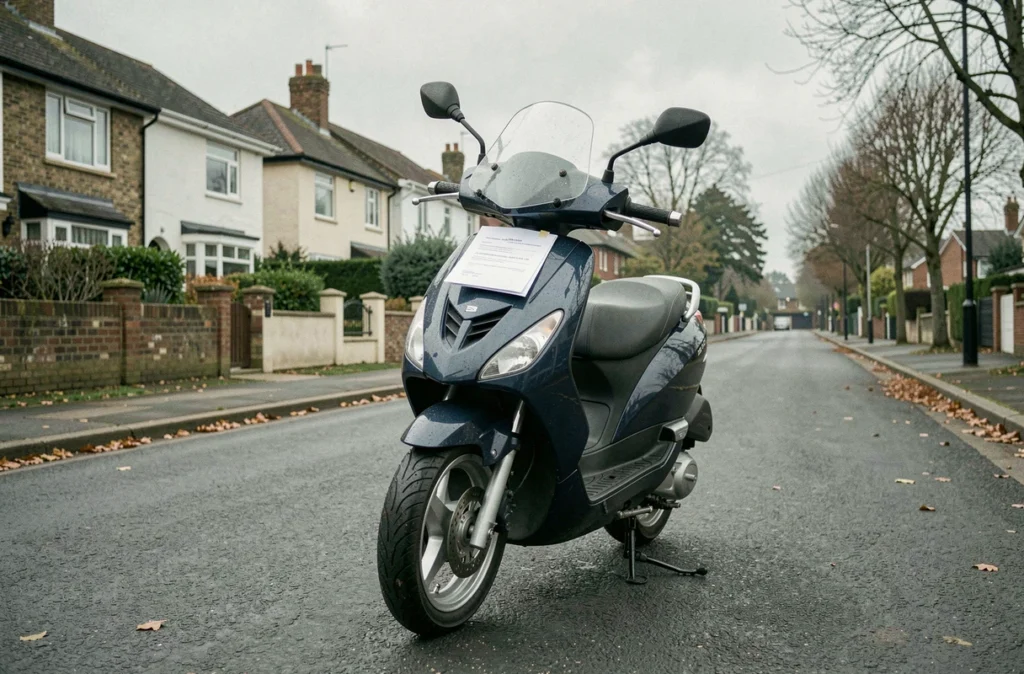Scooter garé dans une rue résidentielle avec une lettre de résiliation d'assurance glissée sous le pare-brise
