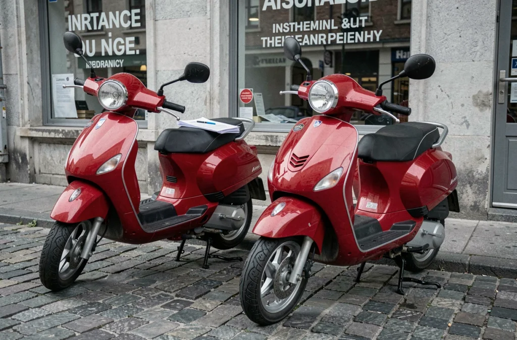 Deux scooters 50cc garés devant une agence d'assurance avec un document de contrat posé sur le siège