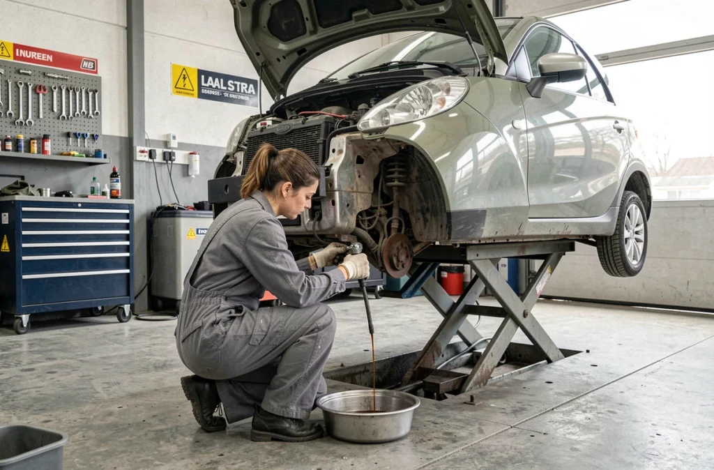 Mécanicienne réalisant une vidange sur un véhicule dans l'atelier S&D Garage dans le Nord