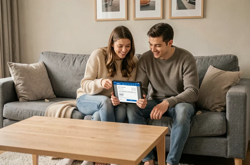 Couple comparant des offres d'assurance auto sur une tablette confortablement installé dans leur salon