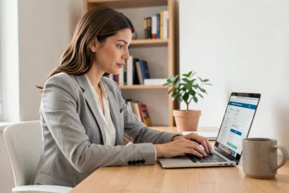 Femme utilisant un ordinateur portable pour effectuer une simulation d'assurance auto en ligne depuis son bureau à domicile
