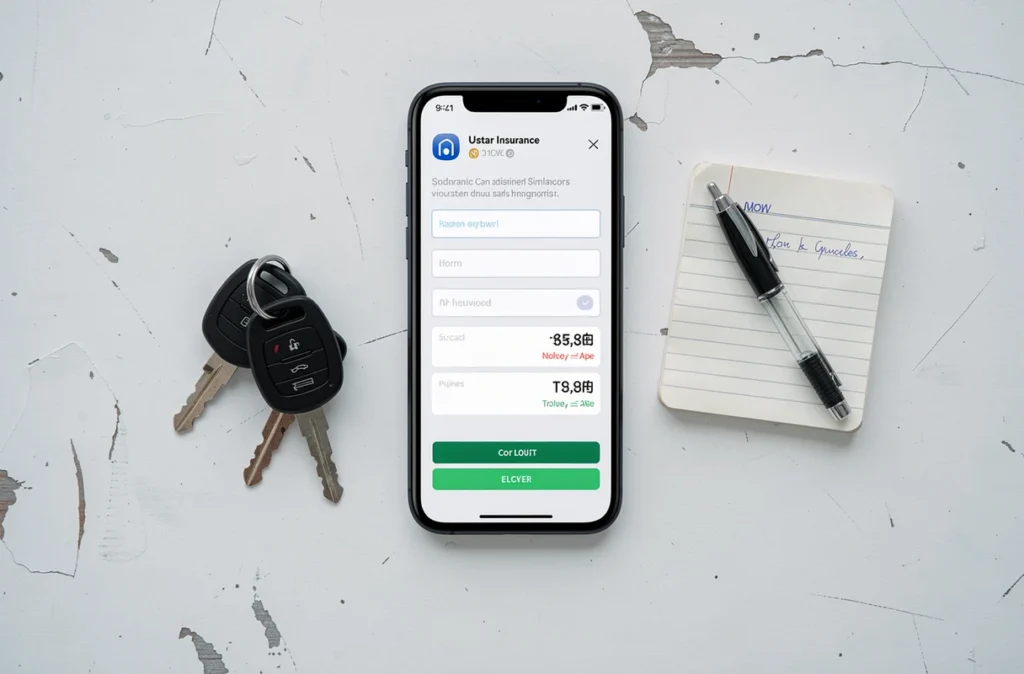 Vue de dessus d'un smartphone affichant une simulation d'assurance auto posé sur un bureau avec des clés de voiture et un carnet de notes