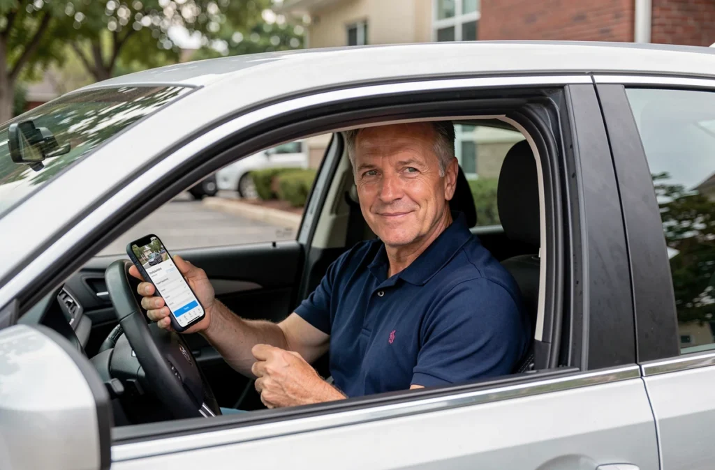 Homme assis dans sa voiture consultant une application de simulation d'assurance auto sur son smartphone