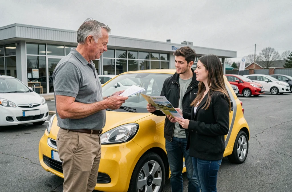 Un vendeur présentant une voiture sans permis d'occasion à un jeune couple dans un garage de Caen