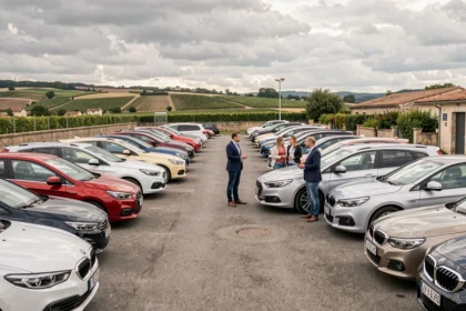 Vue panoramique d'un grand parc de voitures d'occasion en Nouvelle-Aquitaine avec plusieurs véhicules alignés et un vendeur discutant avec des clients