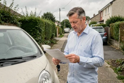 Homme tenant des papiers de vente à côté d'une voiture sans permis dans une allée résidentielle