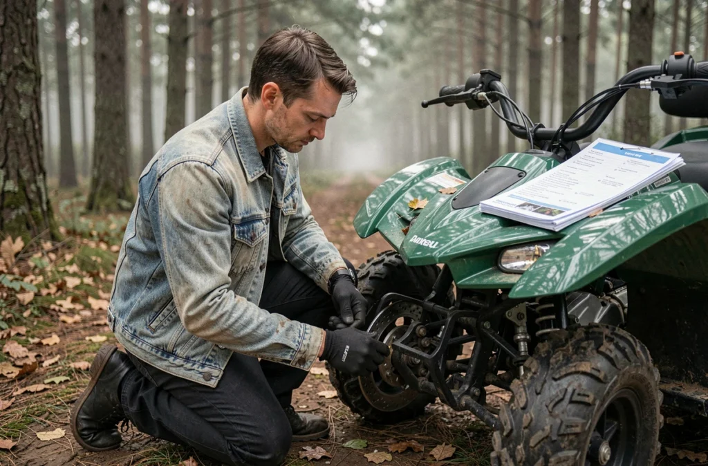 Propriétaire de quad vérifiant les freins et équipements sur un sentier forestier avant assurance