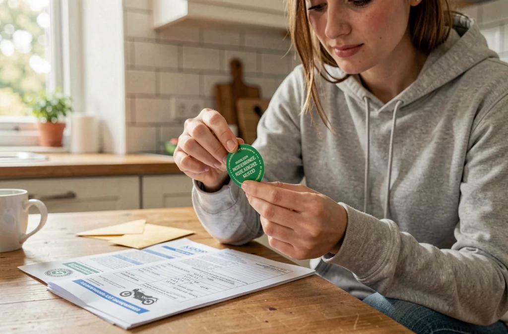 Femme à la maison inspectant une vignette d'assurance moto avec les documents d'immatriculation sur une table en bois