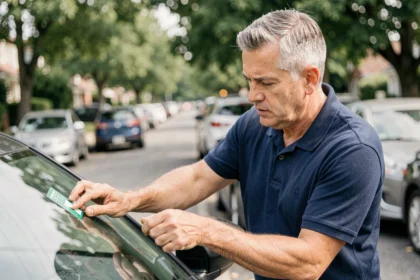 Homme collant une vignette d'assurance verte sur le pare-brise de sa voiture dans une rue résidentielle
