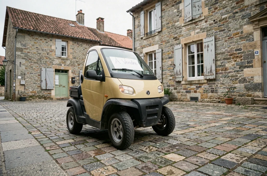 Petite voiture sans permis à vendre garée sur une place de village français avec panneau À Vendre