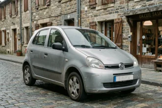 Voiture sans permis d'occasion garée dans une rue pittoresque du Jura avec façades en pierre