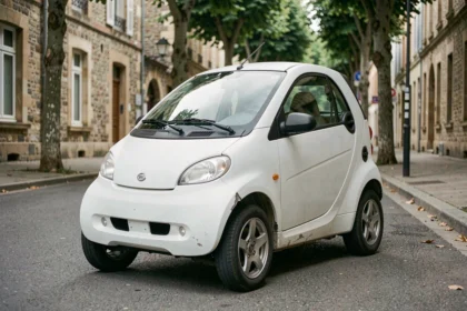 Voiture sans permis d'occasion garée dans une rue de l'Ain, avec traces d'usure visibles sur la carrosserie blanche