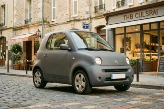 Voiture sans permis d'occasion grise garée dans une rue pavée de Caen avec des bâtiments en pierre normande en arrière-plan