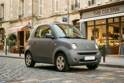 Voiture sans permis d'occasion grise garée dans une rue pavée de Caen avec des bâtiments en pierre normande en arrière-plan