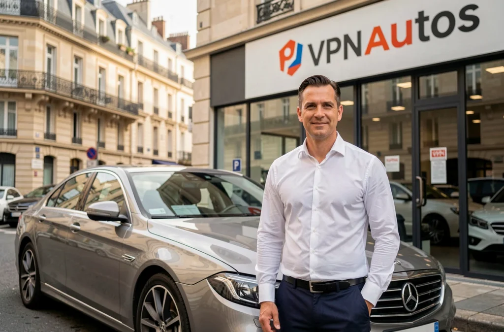 Vendeur professionnel devant la concession VPN Autos Bordeaux avec des voitures d'occasion alignées et la façade du concessionnaire en arrière-plan