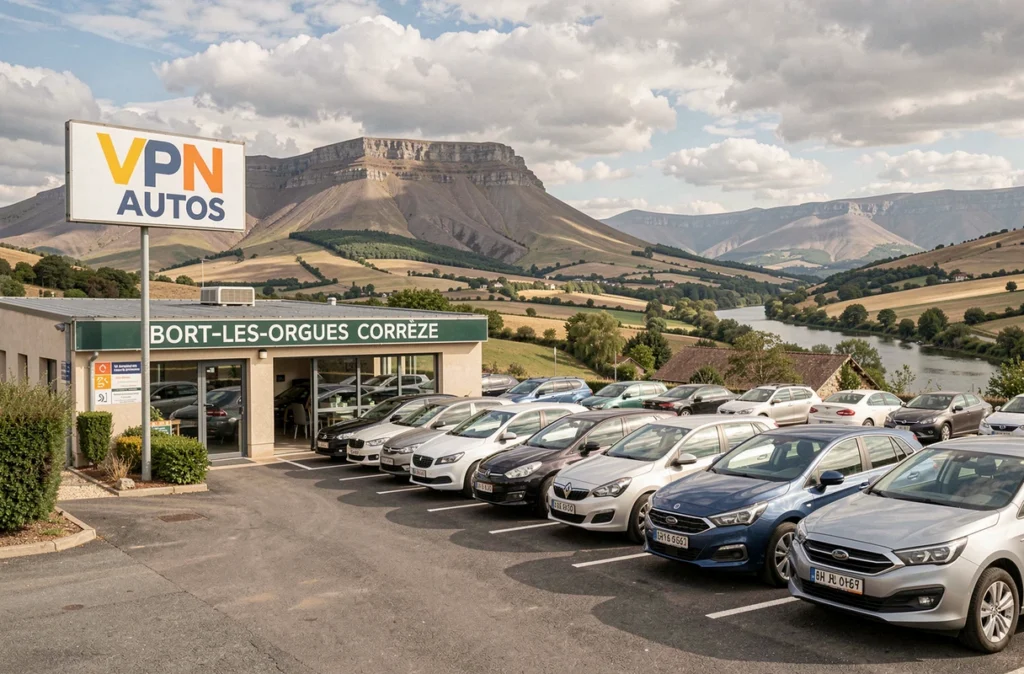 Parc de voitures d'occasion de la concession VPN Autos Bort-les-Orgues avec le paysage du Massif Central en arrière-plan