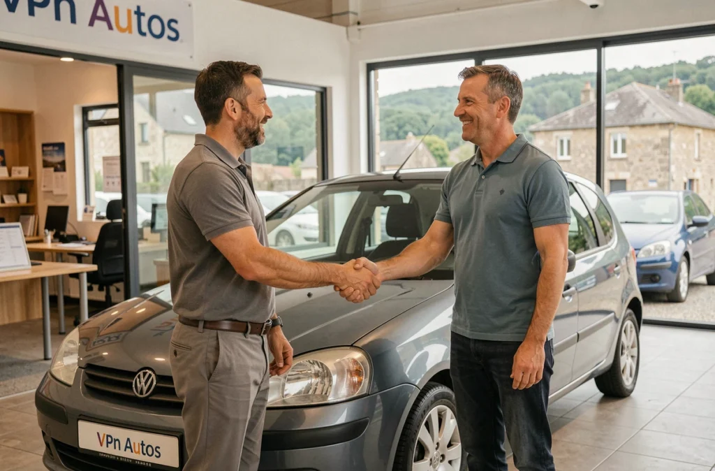Vendeur et client se serrant la main devant un véhicule d'occasion à la concession VPN Autos Brive-la-Gaillarde
