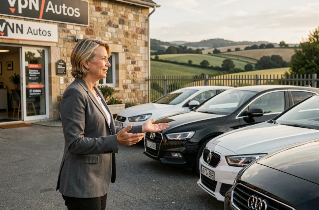 Vendeuse présentant une sélection de voitures d'occasion devant la concession VPN Autos Cognac en Charente