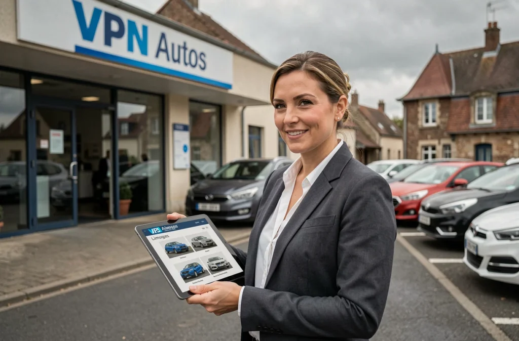 Conseillère commerciale devant la concession VPN Autos Limoges tenant une tablette avec des fiches de véhicules d'occasion
