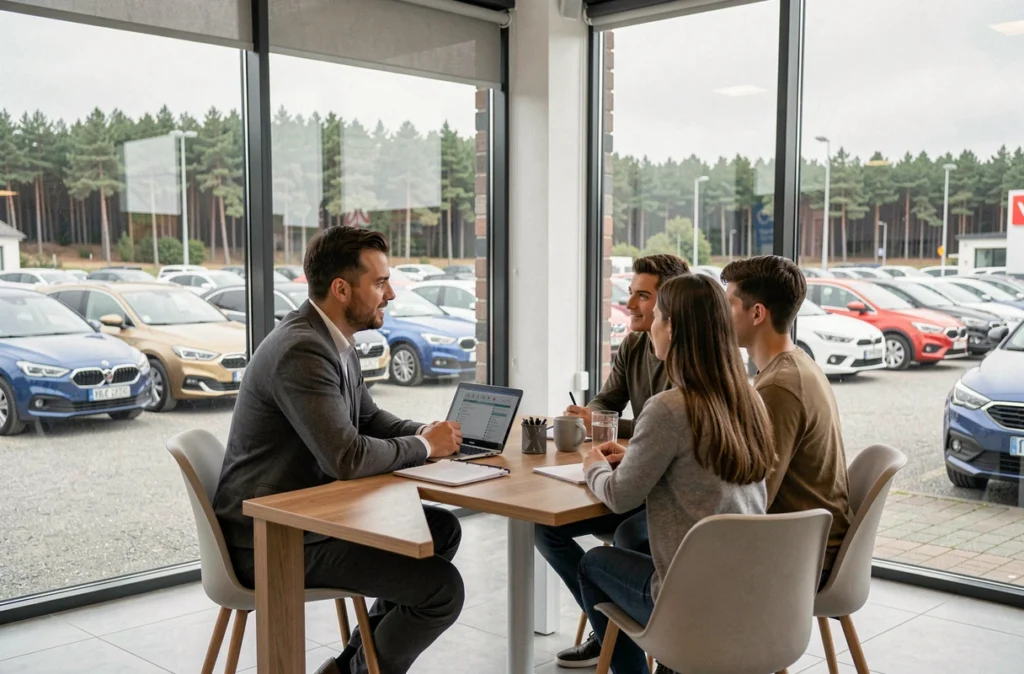 Conseiller commercial en entretien avec un couple dans le showroom de VPN Autos Mont-de-Marsan avec vue sur le parc de véhicules d'occasion