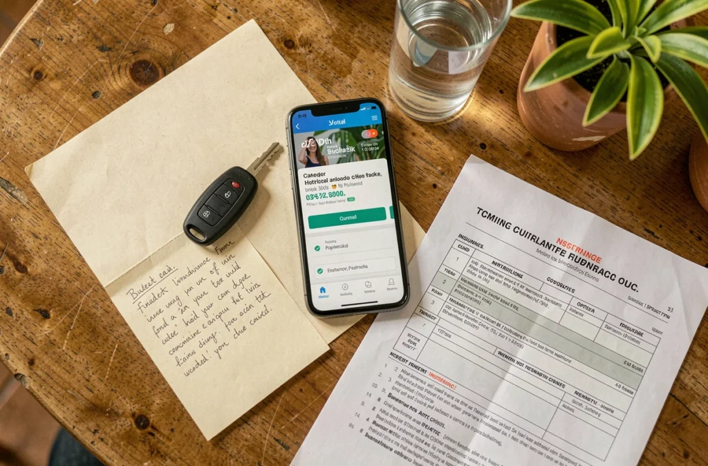 Vue de dessus d'une table avec clé de voiture, devis d'assurance auto et budget manuscrit en Martinique