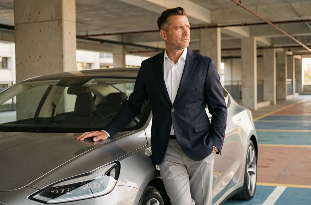 Homme debout à côté d'une voiture électrique de marque européenne dans un parking urbain moderne, illustrant les constructeurs automobiles dont le nom commence par E
