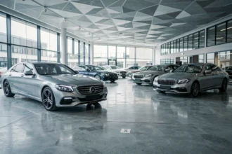 Salle d'exposition de voitures de marques commençant par la lettre E, avec plusieurs berlines européennes alignées dans un showroom moderne aux murs en verre